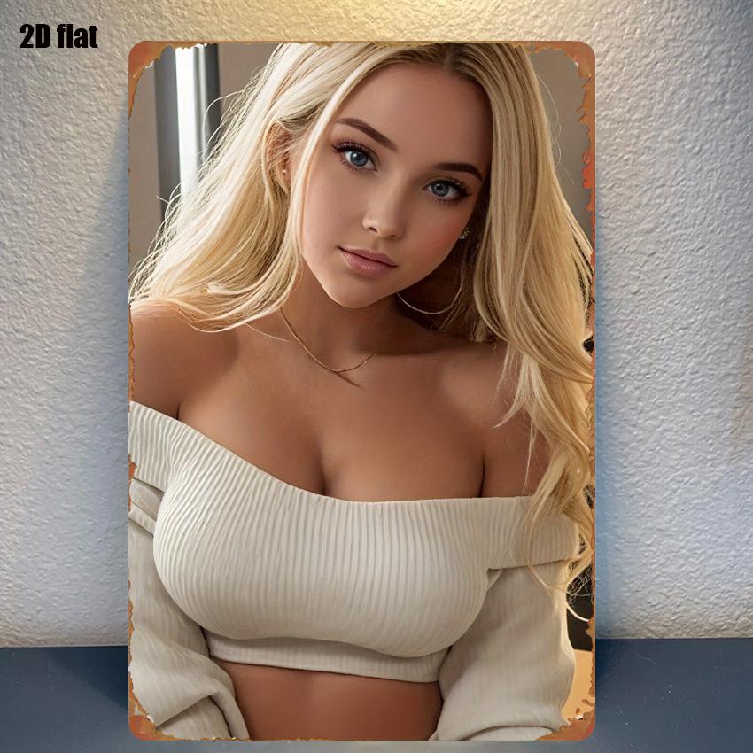 

Vintage D Flat Blonde Woman in Beige OffShoulder Ribbed Crop Top Tin Sign Retro Indoor Portrait Metal Wall Art Decor for Bed 20x30cm（7.8x11.8inch）