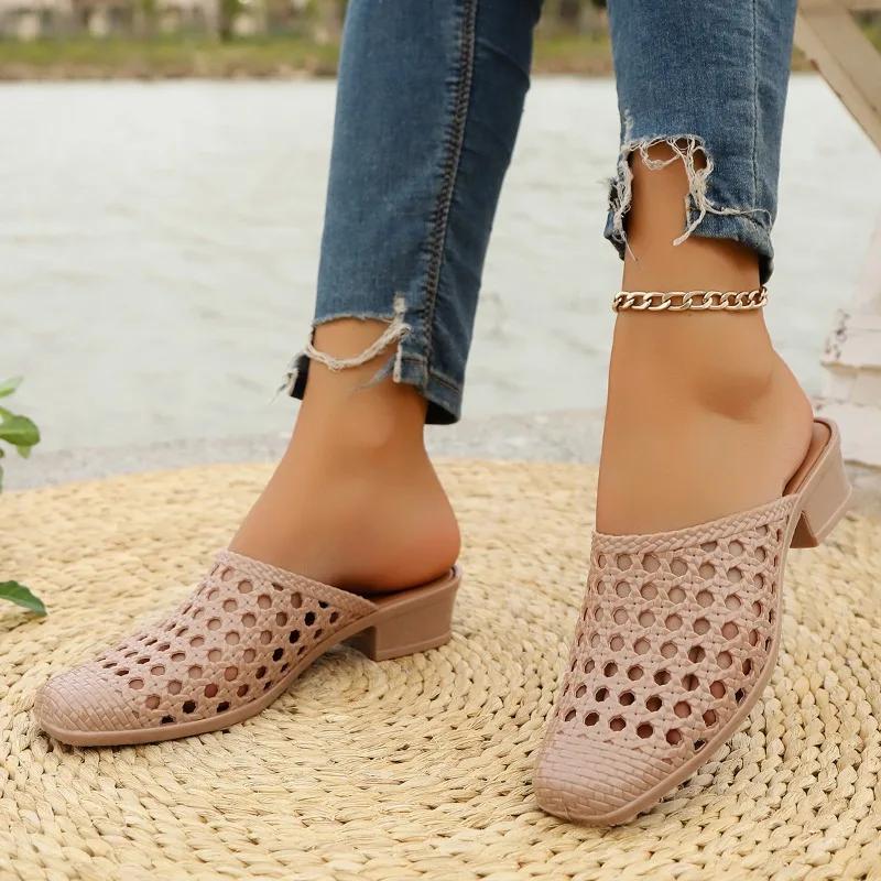Fashion Women's Slippers 2025 Summer New Fashion PVC Hole Slippers Women's Beach Soft Hollow Middle High Heel Sliding Sandals Slippers