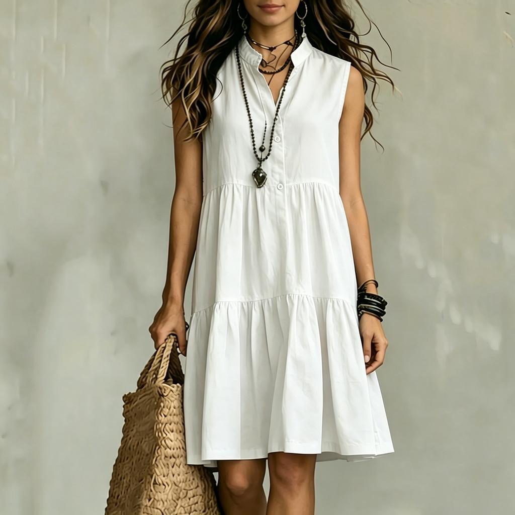 Sleeveless Button Front V Neck Loose Fit Tiered Dress Lightweight Casual Summer Dress for Women