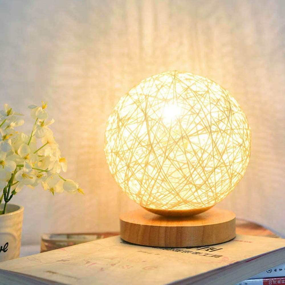 Wooden Table Lamp Night Light LED Bedroom Atmosphere Lamp Rattan USB Rechargeable for Bedroom Living Room Bedside Modern Decoration Gift (Cream Colour