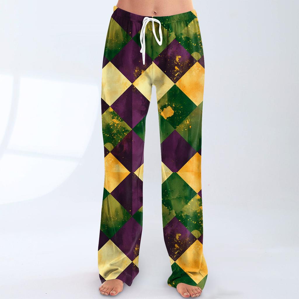 Ladies' Loose And Casual Carnival Printed Wide Leg Pants With Elastic Waistband Drawstring And Pocket Pants