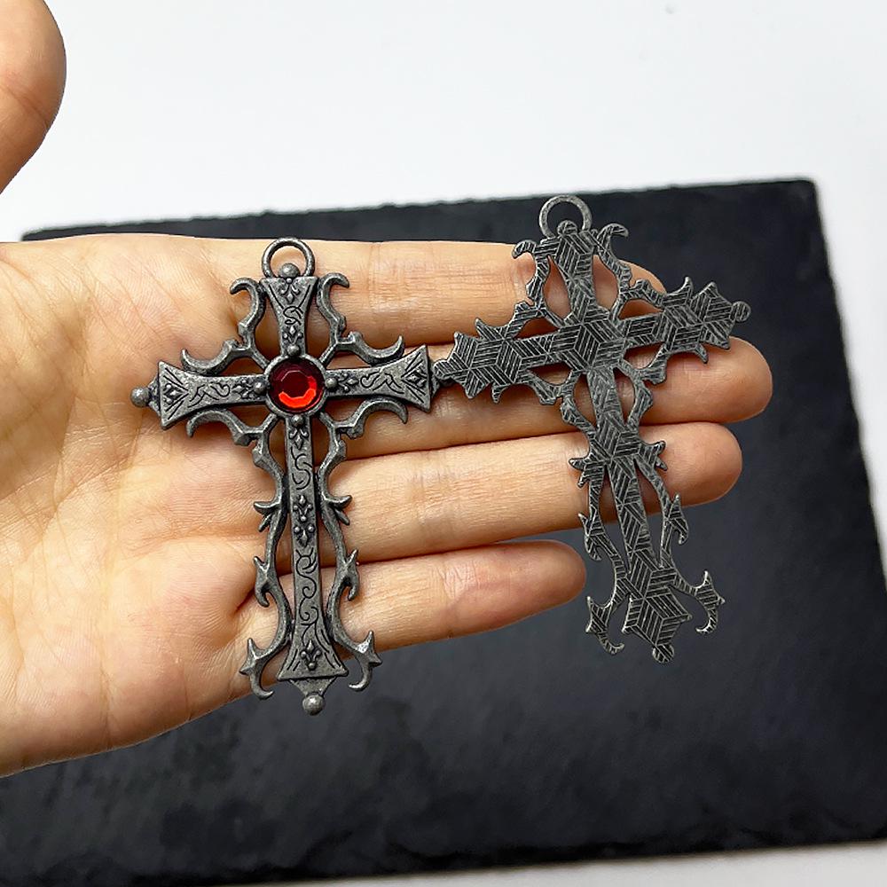 Retro Punk Cross Pendant Necklace – European & American Style, Hollow Inlay Design, Key Personality Sweater Chain Accessory.