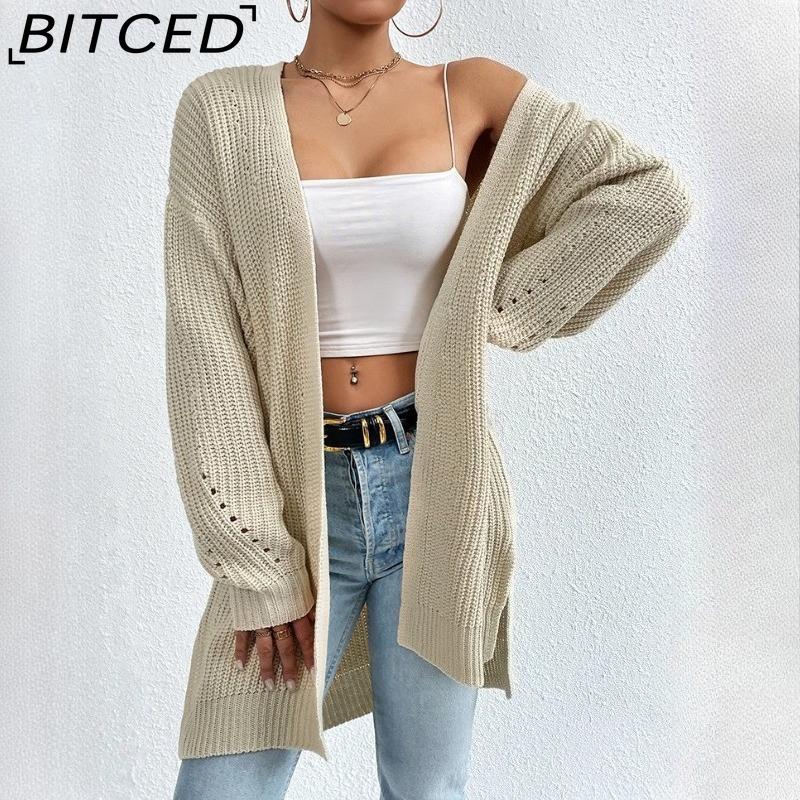 BITCED Autumn/Winter Oversized Mid-Length Cardigan Knitwear V-Neck Solid Colour Knit Top