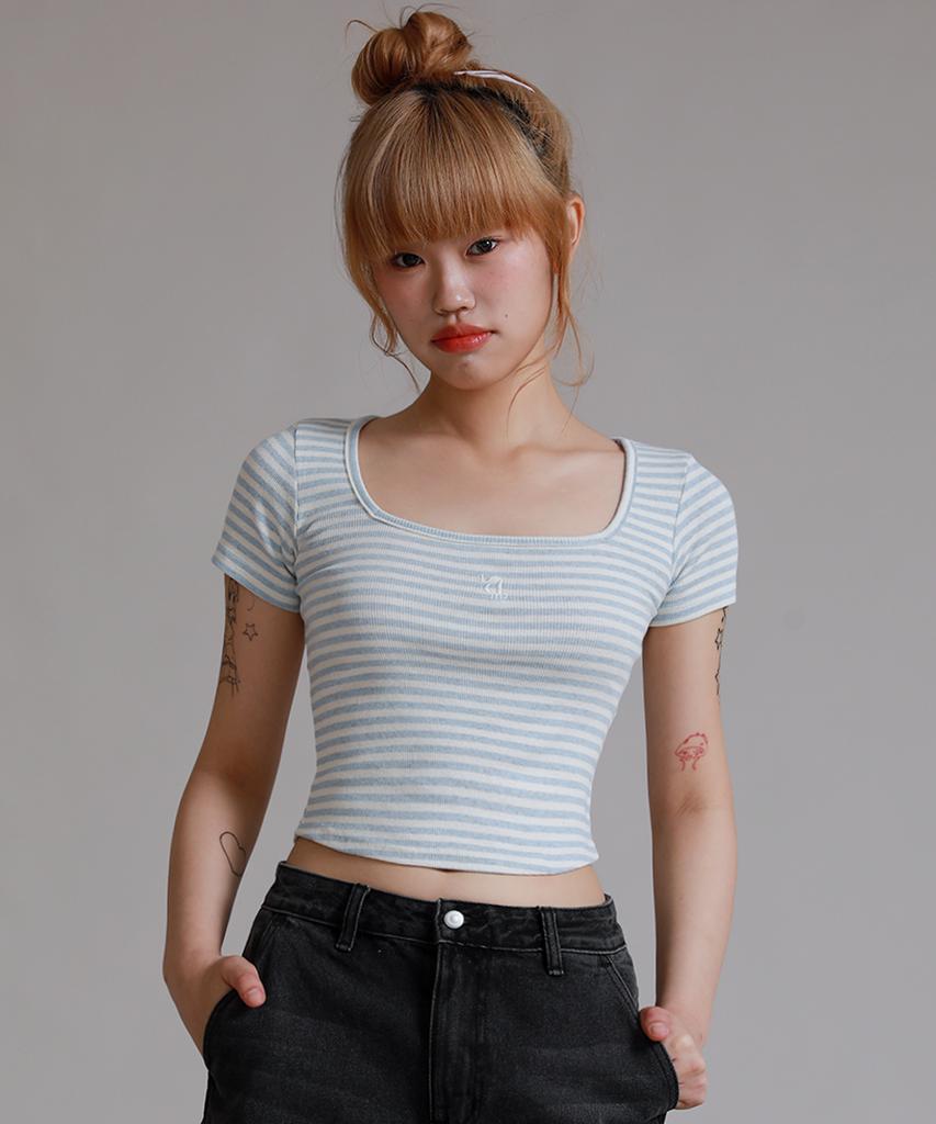 LIKE THE MOST Striped Square Neck Half T-Shirt_Sky Blue
