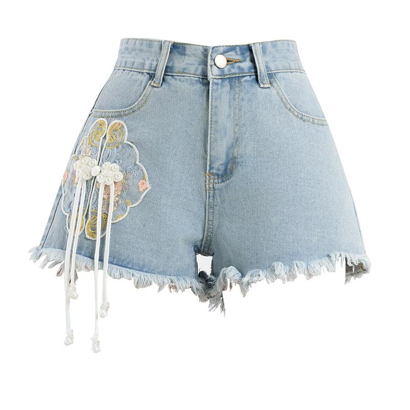 Neuer Chinesischer Stil Nationaler Stil Denim Shorts Damen Sommer Mode Personalisierte Stickerei Nationale Mode A-Linie Hotpants
