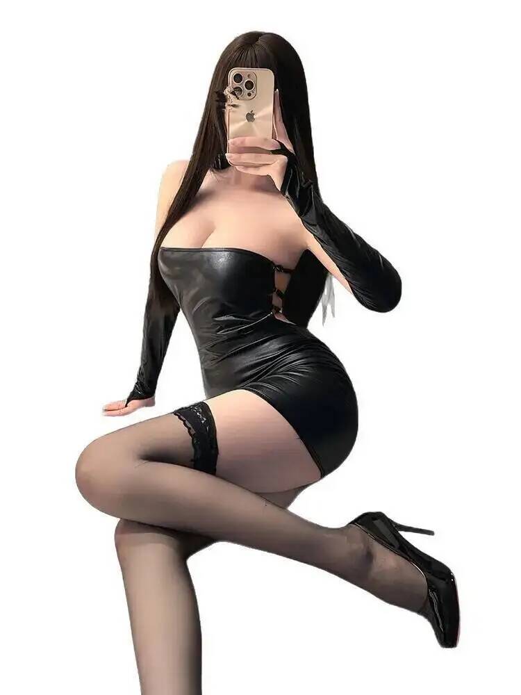 Sexy Outfit Patent Leather Pure Desire Young Woman Temptation Hot Uniform Dress Elegant Tank Mini Dress Sexy Korean Nbm8