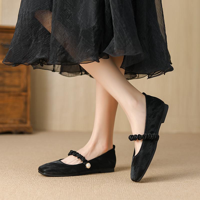 Fashion French New Style Sweet Mary Jane Flats Pearl Decorated Slip On Vulcanized Shoes for Women All Seasons