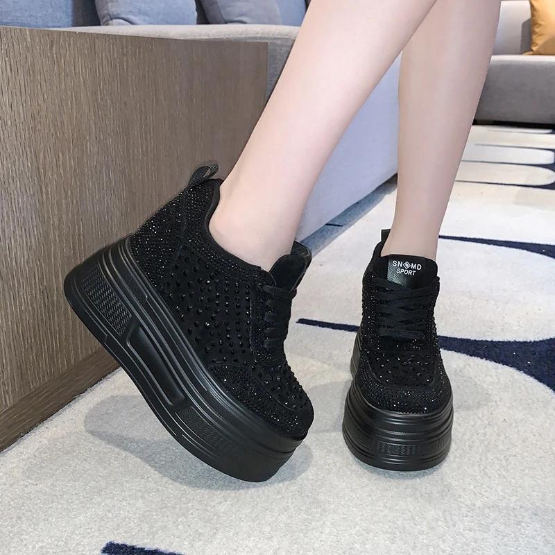 Fashion 10CM Wedge Heels Sneakers New Autumn Women Bling Crystal Skateboard Shoes Breathable Leather High Platform Vulcanize White Shoes