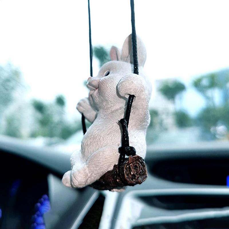 Swing Bunny Car Hangable Ornament Cartoon Rabbit Car Pendant Resin Animal Figurine Car Hangable Accessories Aesthetic Decoration