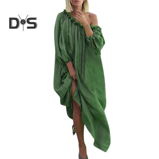 

Женское платье с наклонным вырезом и длинными рукавами-фонариками, свободное однотонное плиссированное длинное платье макси для отдыха, пляжный халат XXXL зелёный