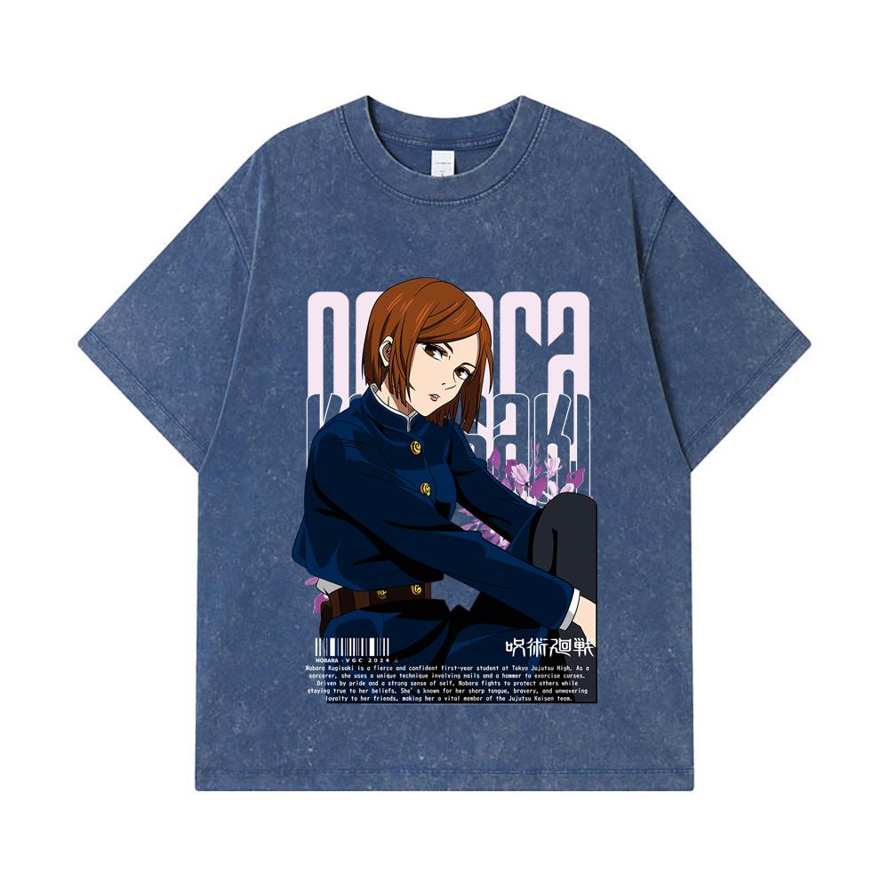 

275 GSM Washed T-shirts 100% Cotton Jujutsu Kaisen V36 Nobara White Print Unisex Heavy Cotton T Shirt 2XL королівський синій колір