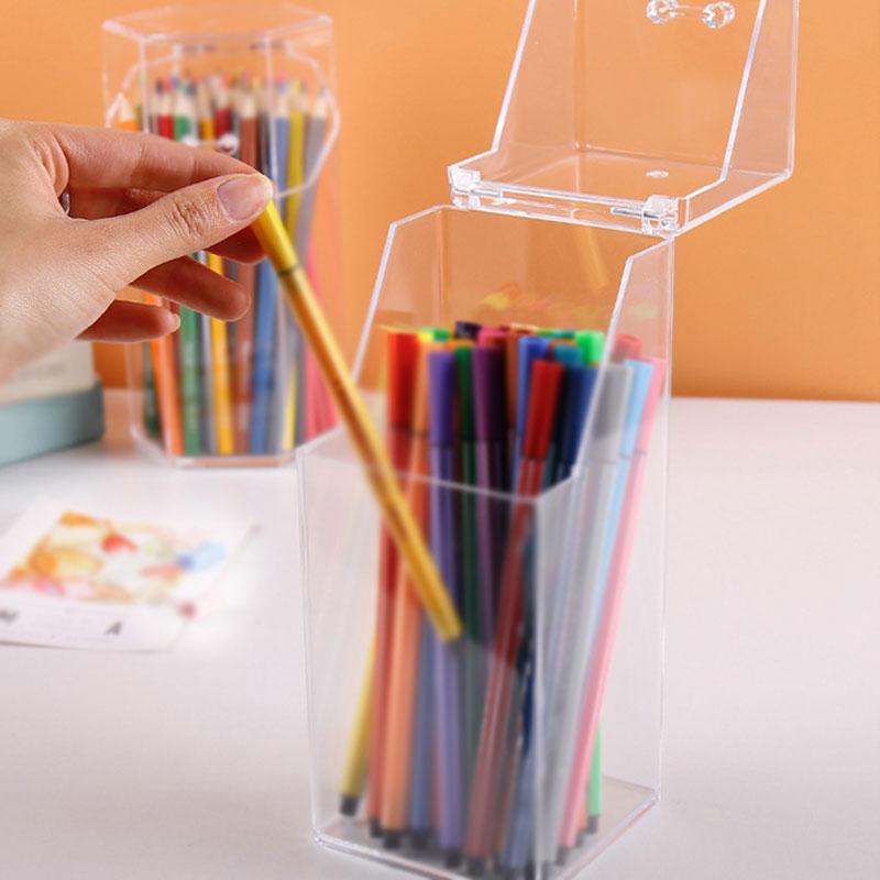 Tabletop Clear Pencil Holder with Lid Storage Box Dustproof Student Office Desk Organizer