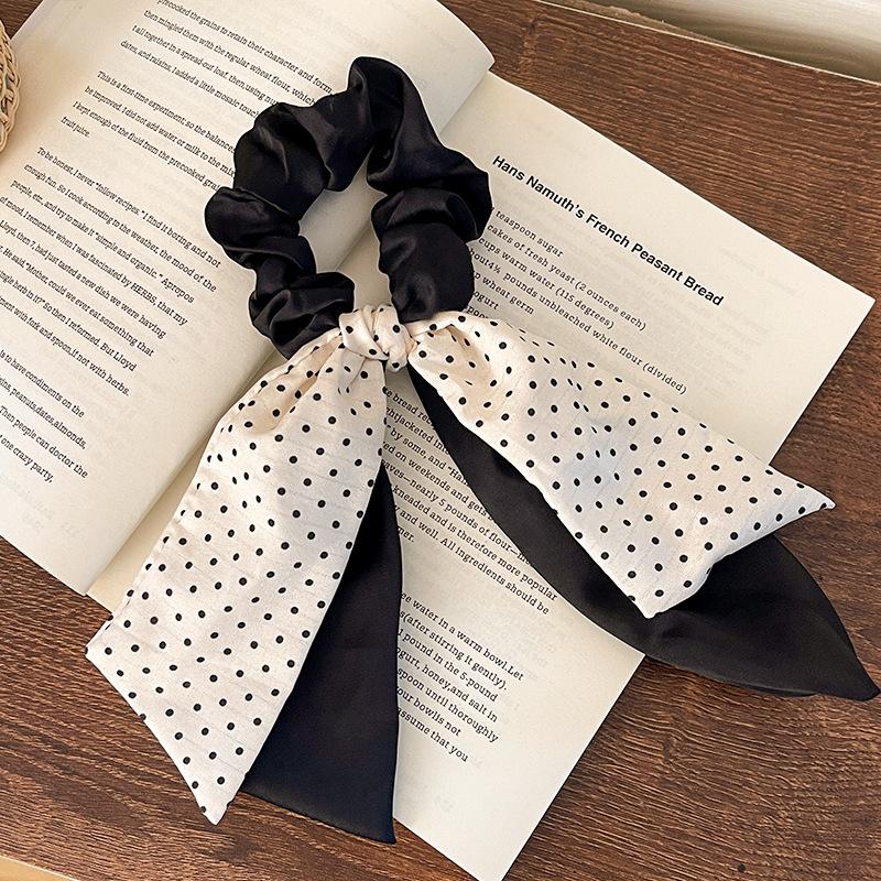 Black Dotted Double-Layer Ponytail Streamer Large Intestine Hair Band Female Bow Polka Dot Hair Band Ins Wind Headdress