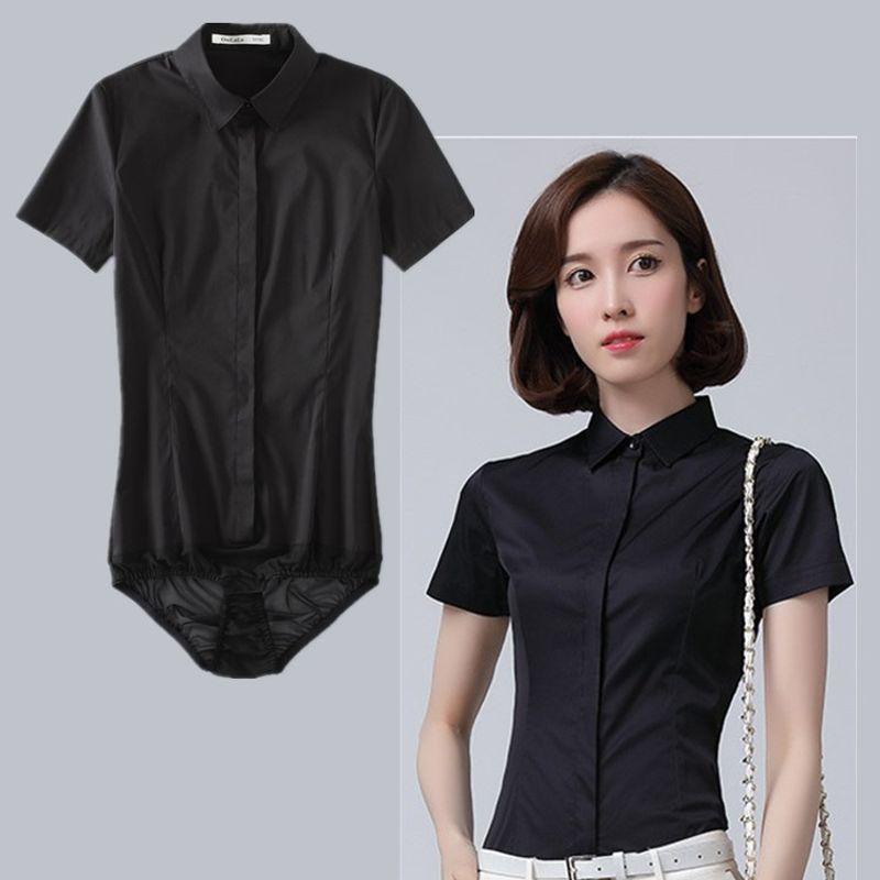 

Classy Long Sleeves One-Piece Shirt for Women Career Interview Labor Suit Romper Shirt Short Sleeve Anti-Wrinkle Silm Stretch Pink Classy short-sleeved black one-body L