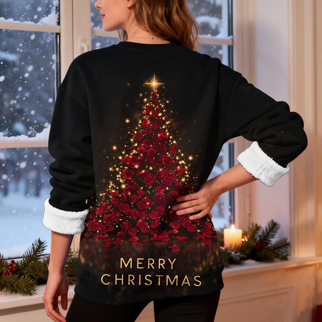 Women's Casual Fashion Round Neck Plus Velvet Thickened Christmas Print Sweatshirt