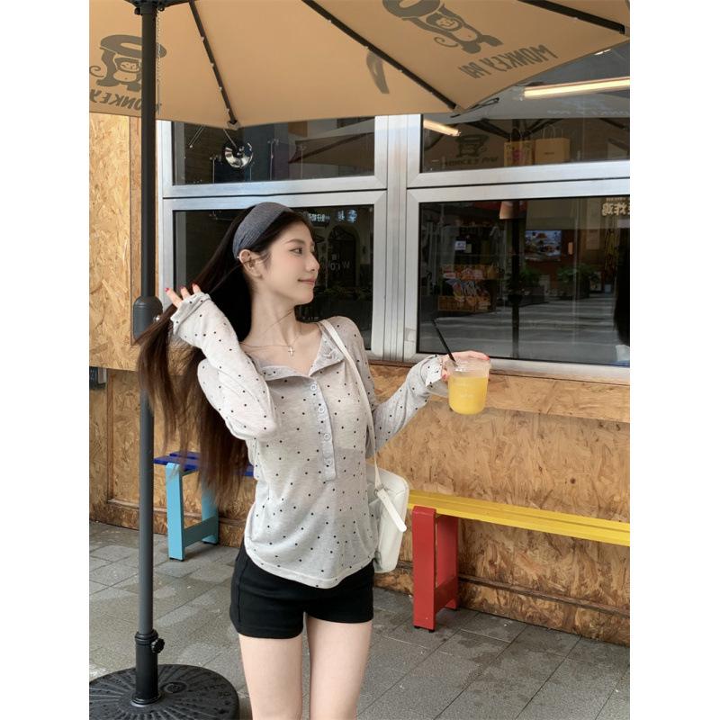Spring/Summer Korean Polka Dot Sheer Slim-Fit Long Sleeve T-Shirt for Women