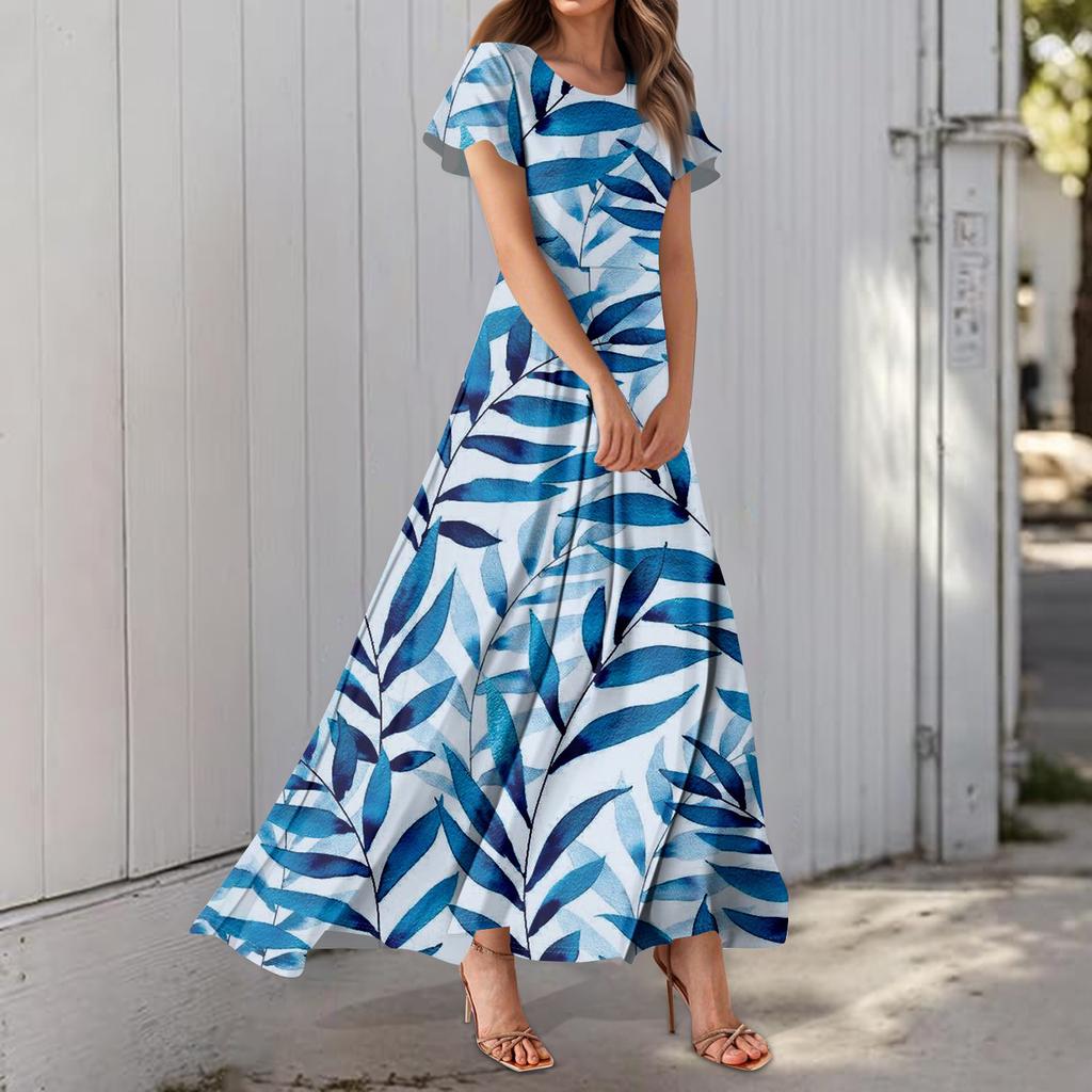 Dámské ležérní šaty s havajským potiskem, kulatým výstřihem a krátkým rukávem, s vysokým pasem