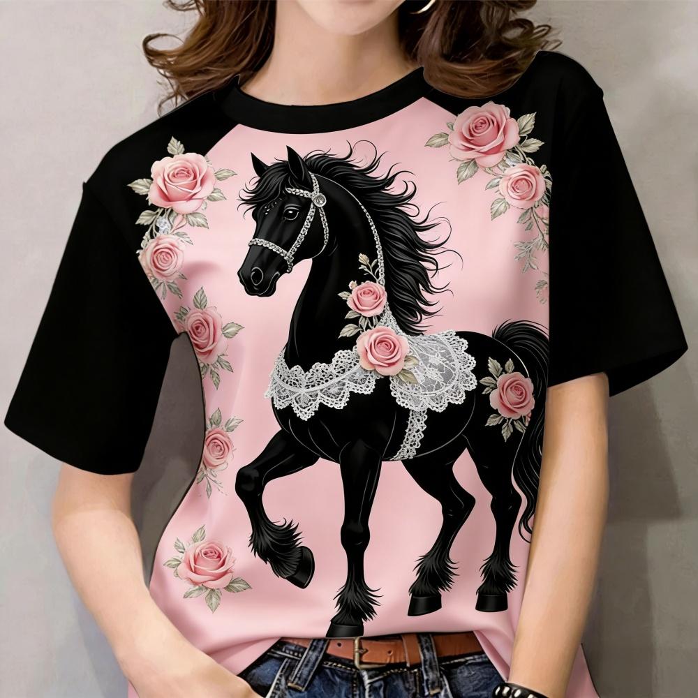 Pferde-Muster T-Shirts Floral 3D-Druck Damen Freizeit O-Ausschnitt Kurzarm T-Shirt Harajuku Lässige T-Shirts Y2k Tops Damenbekleidung
