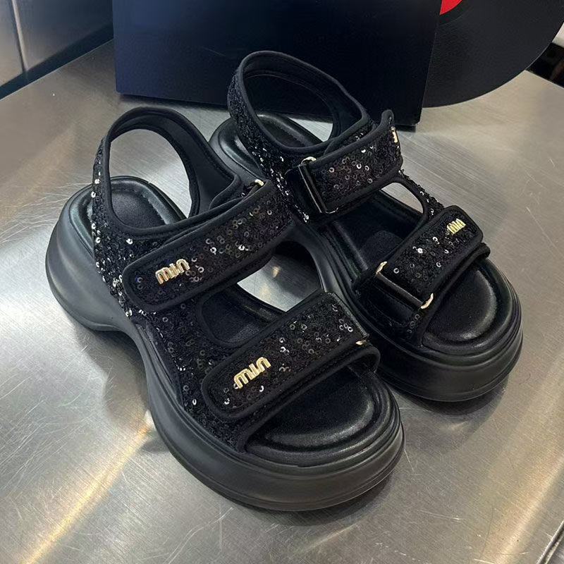 Velcro Sports Sandals Women's 2025 New Summer Lightweight Platform Versatile Sequins Roman Shoes Non-slip Beach Shoes