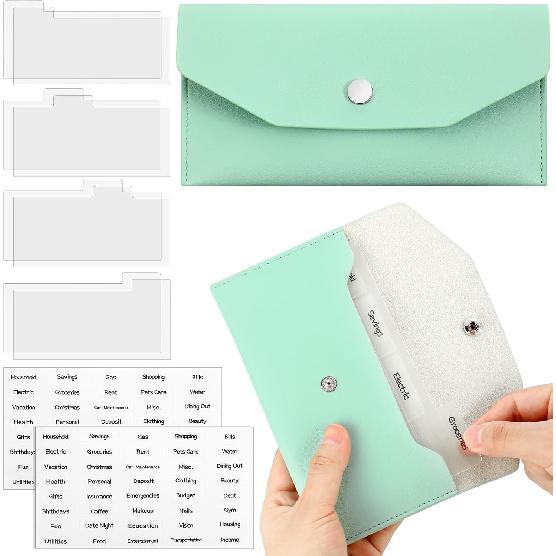 Frienda 1 Cash Envelope Wallet PU Leather Reble Budget Envelope 8 Cash Dividers 2 Sheets Category Sticker Labels for Wallets Bill Planner(Black