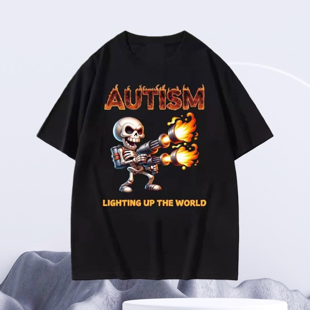 SpringSummer New Autism Funny Skull Pattern Printed Short Sleeve Tshirt for Men and Women Street Casual Round Neck Tshirt