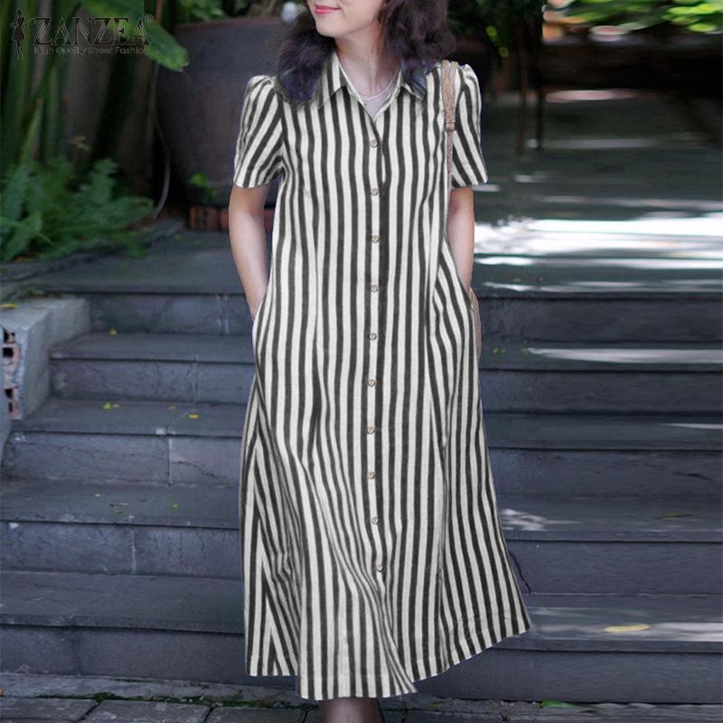 ZANZEA Women Casual Turn Down Collar Summer Short Sleeve Shirt Dress