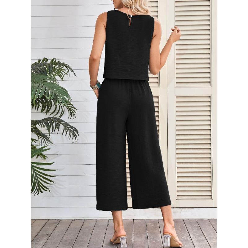 Women Summer Casual Sleeveless Vest Wide Leg Cropped Pants Two Piece Set