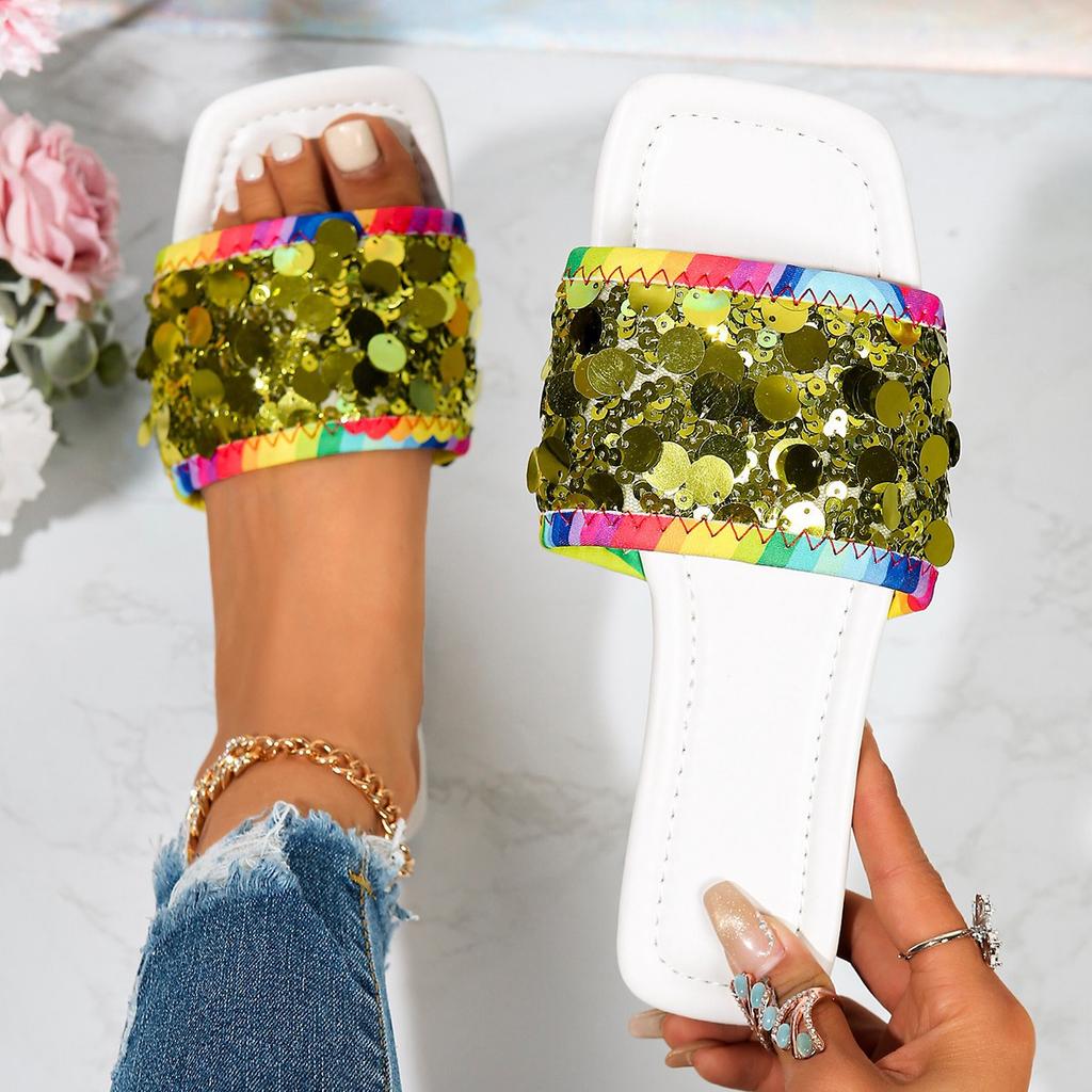 Flat-bottomed sequined cool slippers women's summer new square head wear large size 44 one-word slippers