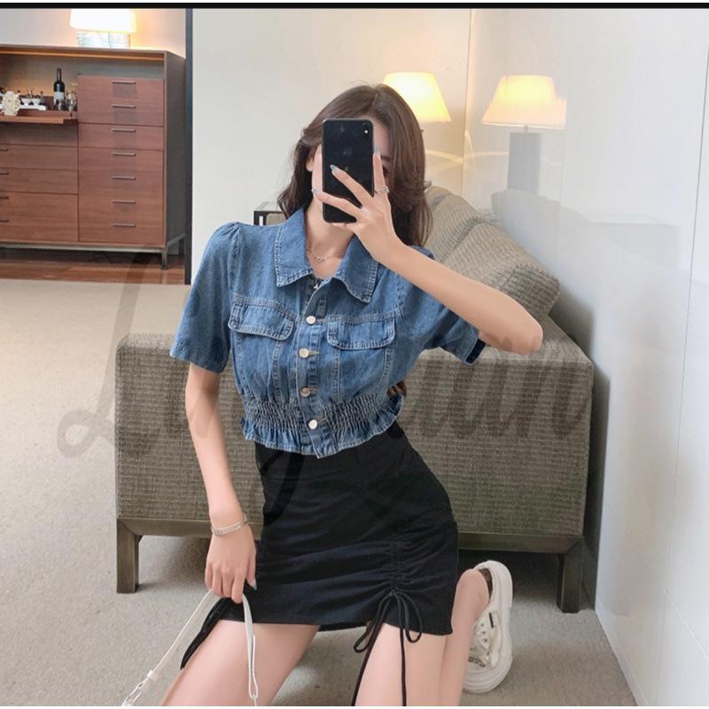 Korean Style Cinched Waist Slimming Denim Summer Top S