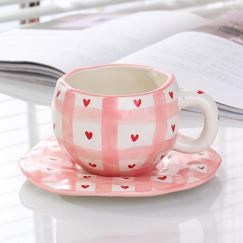 Korean Hand-Painted Ceramic Cup & Saucer Set - Creative Irregular Design for Coffee & Tea
