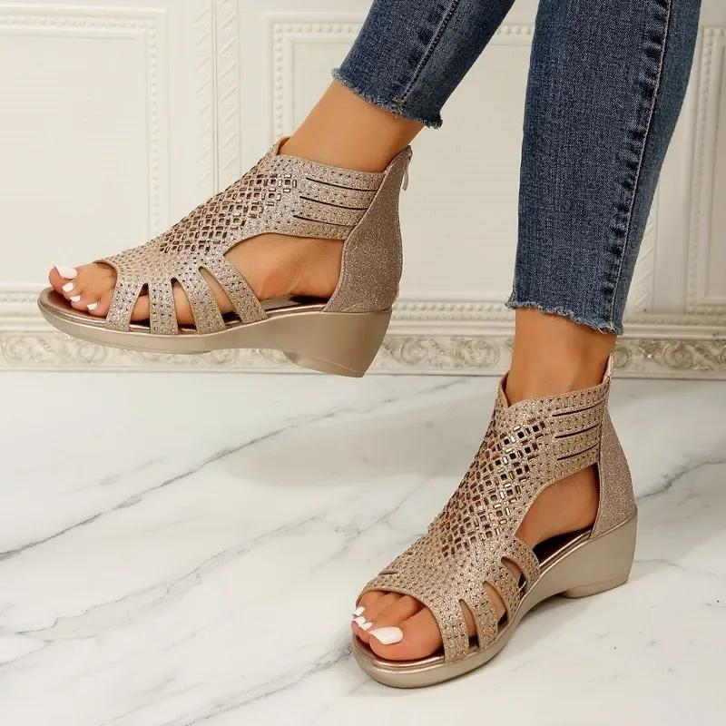 Fashion Rhinestone Wedge Sandals Women Summer New Elegant Ladies Rome Shoes Hollow Sandals Female Black Casual Sandalias