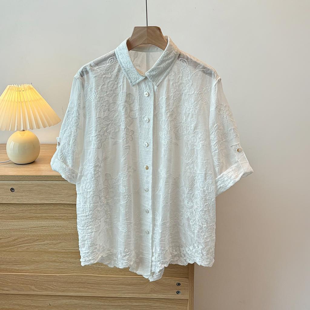 DIMANAF 2025 New Women Summer Shirt Lace Blouse Loose Buttons Fashion Tops Tees White Tees New Blouse