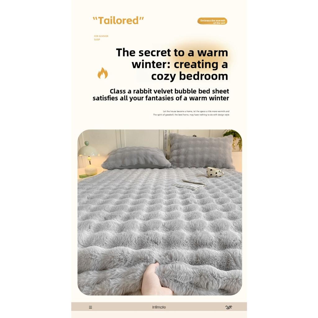 Solid Color Rabbit Like Plush Bed Sheet, 30cm Deep Pocket Design,Fully Wrapped Anti Slip Mattress Protective Cover,Thick and Warm In Autumn and Winter