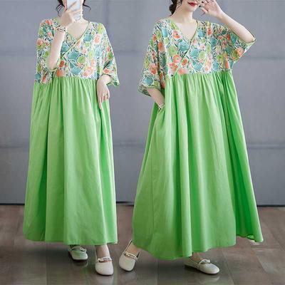 Sommerkleid aus Baumwolle und Leinen im Patchwork-Retro-Stil, langer Rock