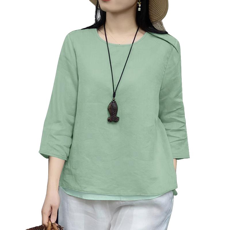 

ZANZEA Женская повседневная блузка из хлопка свободного кроя с круглым вырезом и рукавами 3/4 5XL зелёный