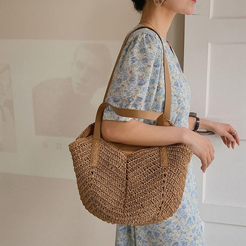 

Summer Straw Bag for Women Seaside Vacation Beach Woven Bag Large Capacity Shoulder Tote Bag коричневый
