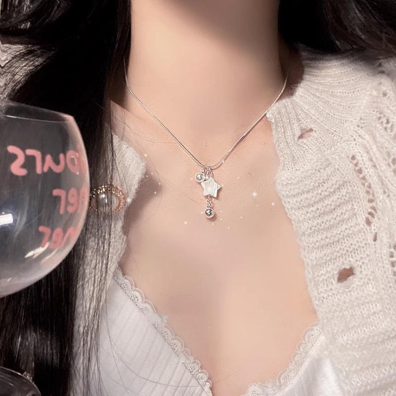 Silver Pentagram Shell Pearl Pendant Necklace Niche Design Clavicle Chain 2023 New Neck Chain Accessories Women