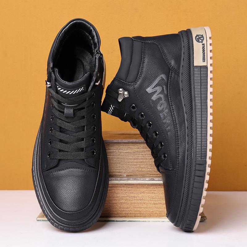 Męskie Zimowe Bawełniane Skórzane Buty High-Top, Casualowe Futerko, Antypoślizgowe Aksamitne Śniegowce