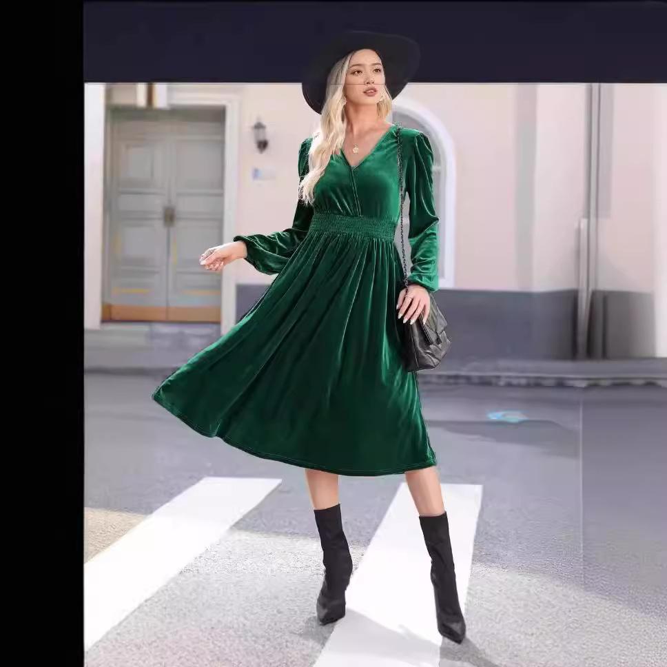 GMXIA Women's Fashion Spring Autumn Solid Color Print Long Sleeve V-Neck Casual Dresses