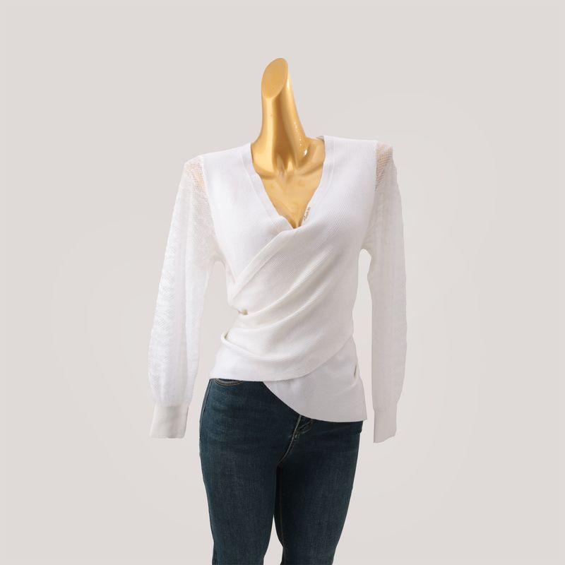 Export Cross V-neck Long Sleeves Knitwear Women's Fall and Winter New Arrival Six Wool Silm Fashion Bottoming Shirt Tops
