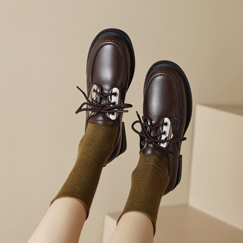Fashion Women's New Spring and Autumn Round Head Thick Bottom Metal Lace Middle Heel Large Oxford Work Retro Single Shoe
