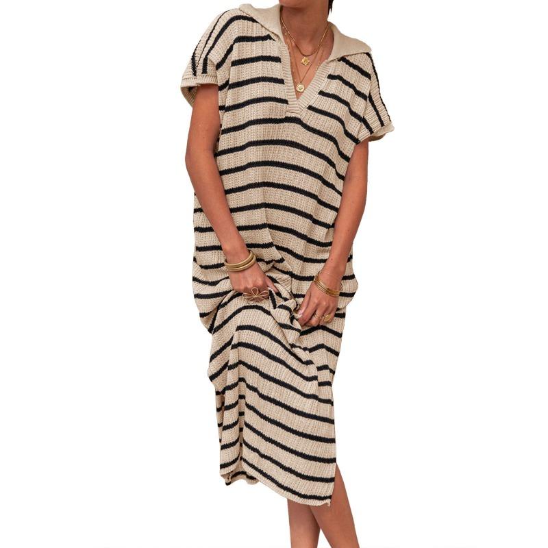 VEZFAA Women's Fashion Casual Summer Spring Stripe Print Short Sleeve POLO Neck Sweaters