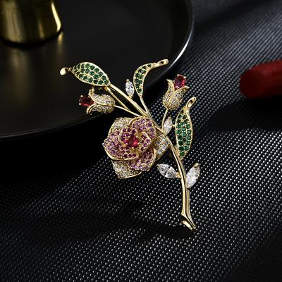 Luxury Copper Micro Inlaid Cubic Zirconia Rose Brooch Jewelry Gifts Dress Accessories