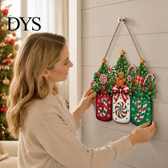Christmas Party Door Hanger Sign, Gingerbread Candy Wooden Joy Hanging Wreath, Mason Cane Holiday Sign Jar Welcome for Front Door, Wall, Window, Porch