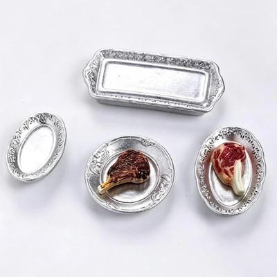 Miniature Simulated Steak Set 10Pcs Vintage Silver Serving Trays Tiny Realistic Food Props for Dollhouse Decor Craft Making Gifts