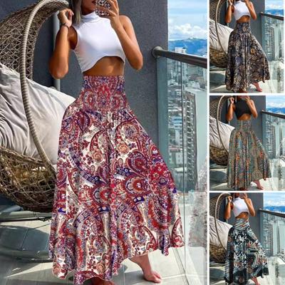 Women Maxi Skirt High Waist Wide Elastic Waist A-Line Retro Printed Skirt Loose Fit Long