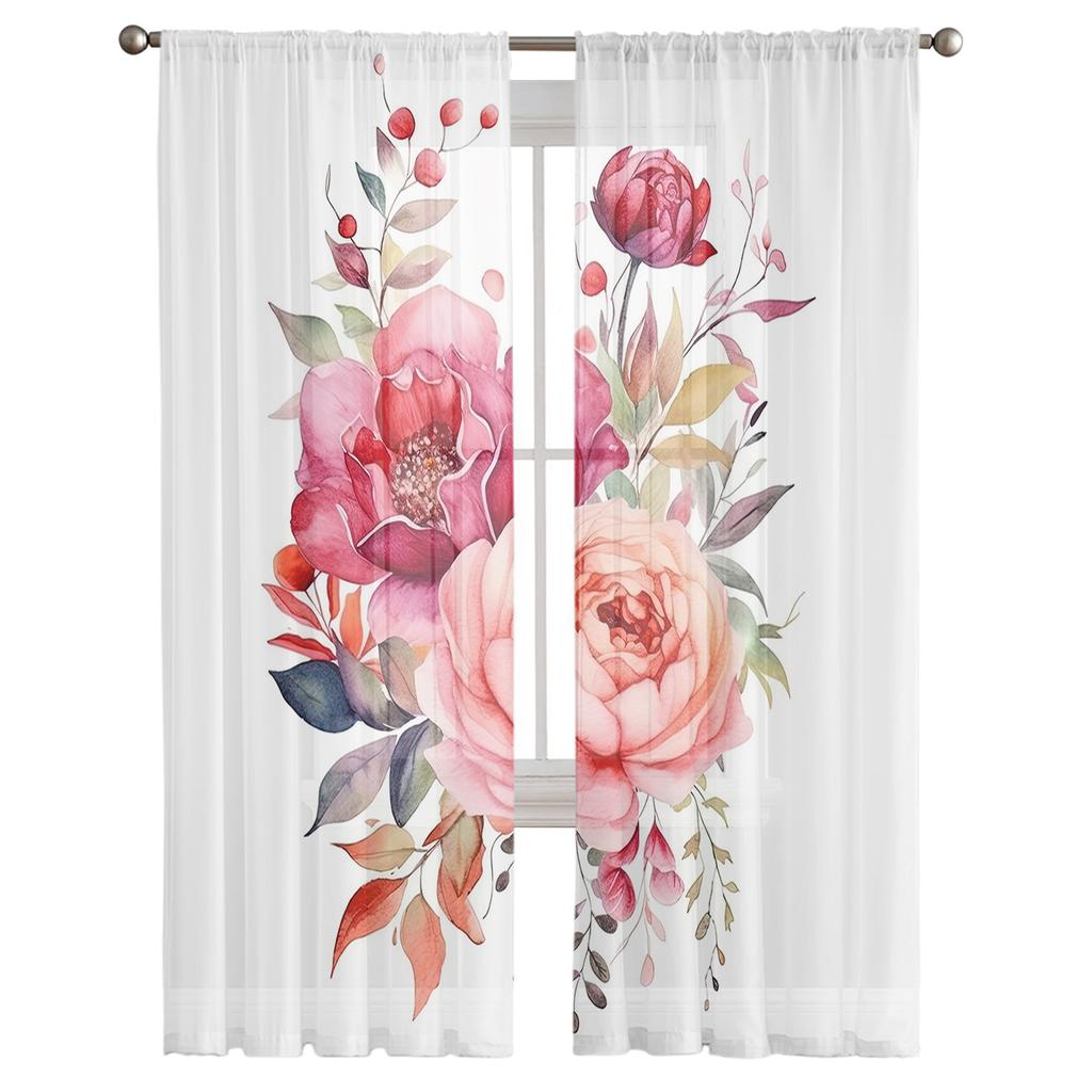 Flower Bud And Leaf Overlay Window Curtains For Living Room Bedroom Kitchen Chiffon Sheer Window Treatment