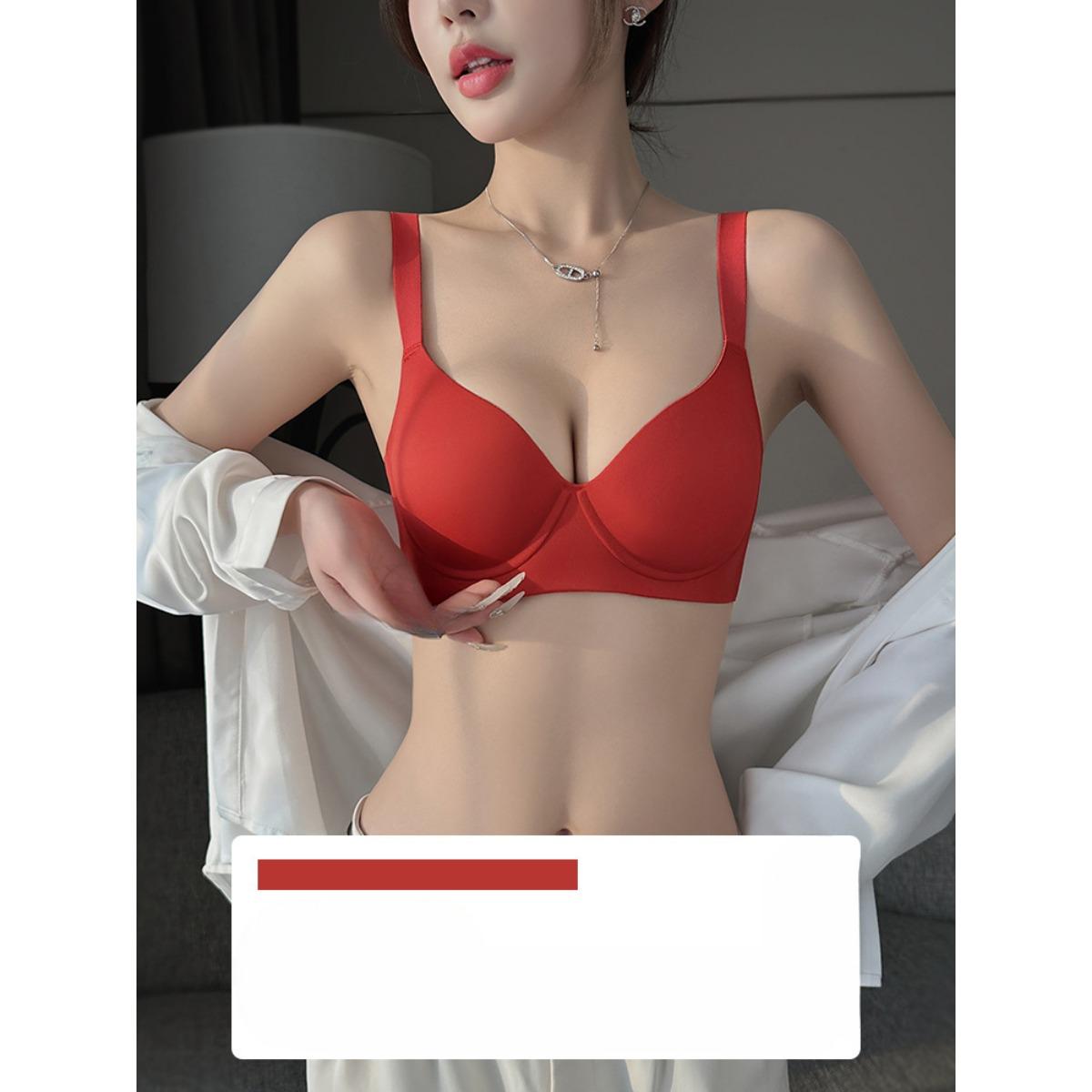 

Елегантний однотонний жіночий бюстгальтер з поліаміду зі зручними сталевими кільцями для підтримки, незнімна підкладка, трикотажна тканина, білизна для дорослих 42 червоний