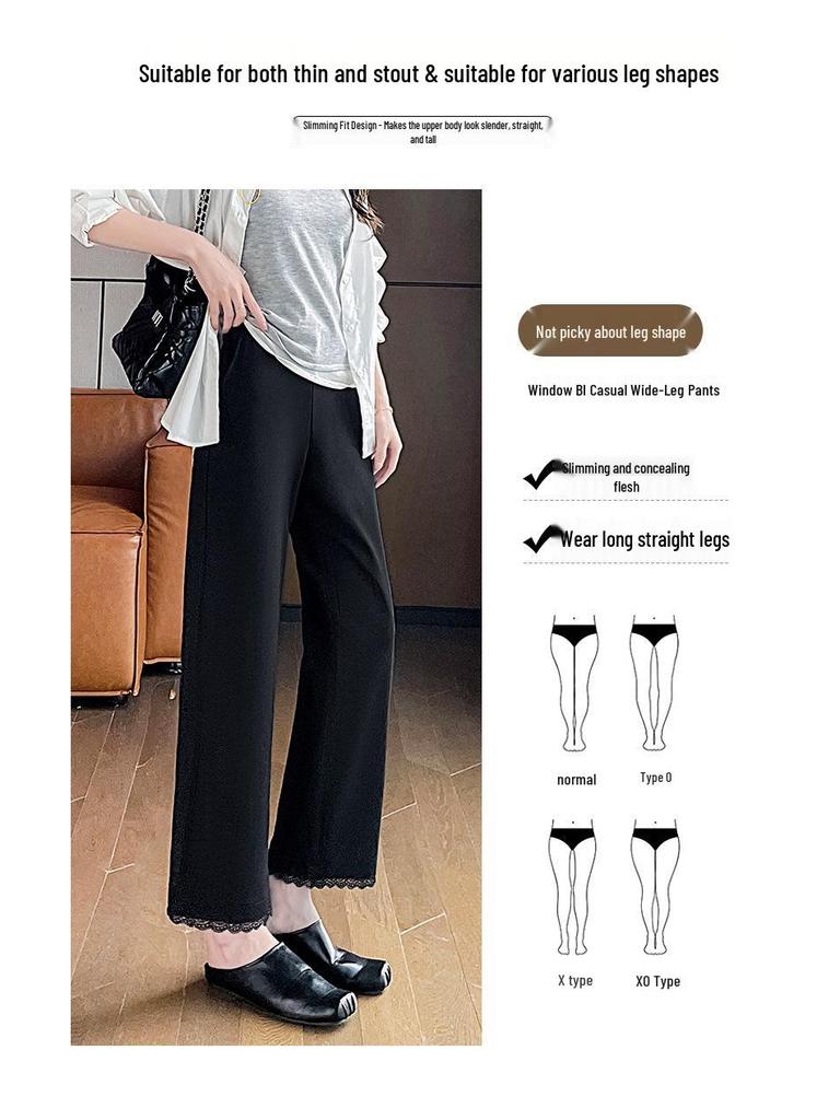 Spring/Summer 2026 High-Waisted Lace Trim Wide-Leg Pants: Women's Petite, Drapey, Eight-Tenths to Nine-Tenths Length.