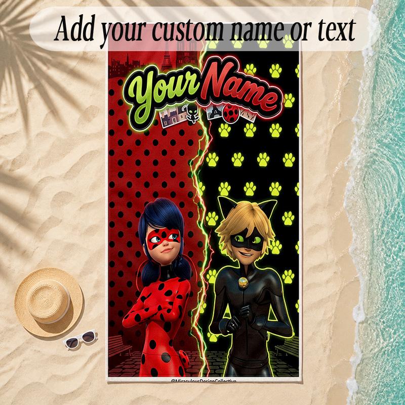 Beach TowelMiraculous Ladybug Custom Name Text Personalized Soft Towel for Beach Pool Indoor Home Decor Gift